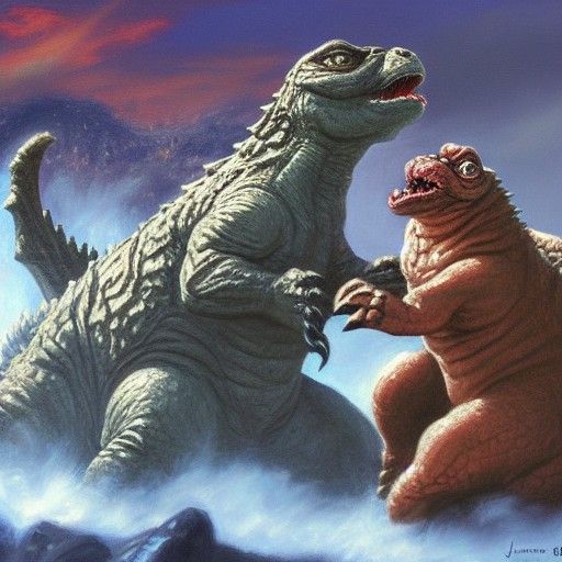 Pug and Godzilla Epic Battle Painting