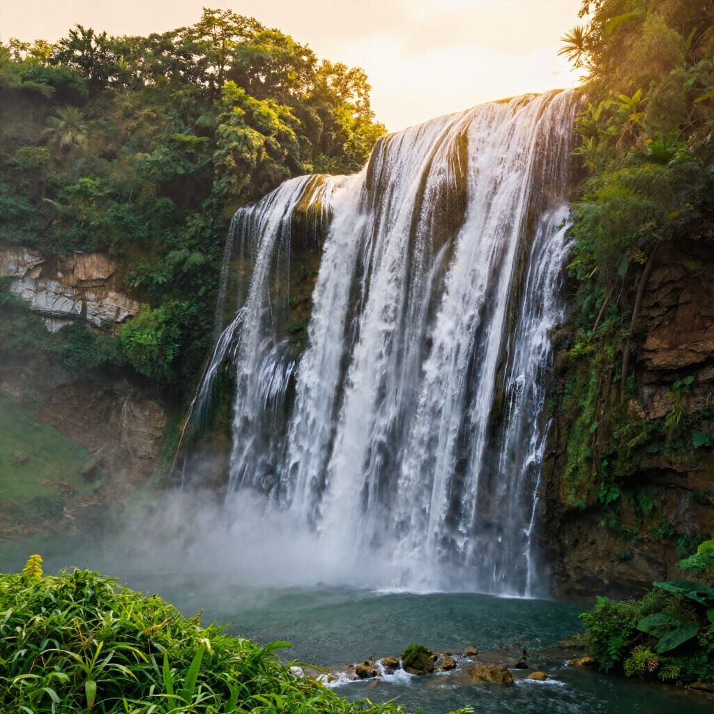 Golden Hour Waterfall Amidst Lush Romantic Landscape