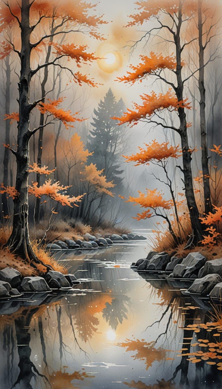 Surreal Misty Landscape with Vibrant Maple Tree