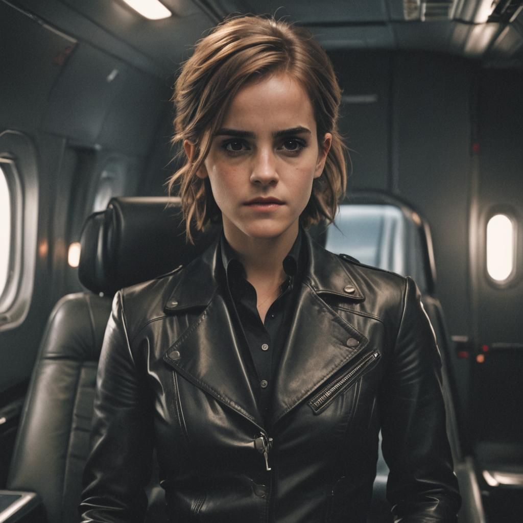 Emma Watson in Black Leather Suit in Airplane Cabin