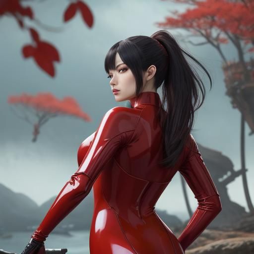 Red PVC Catsuit: Detailed Matte Painting in 8K
