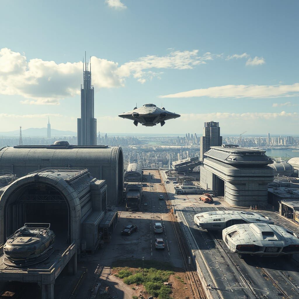 Futuristic Spaceship Landing at Vast Spaceport