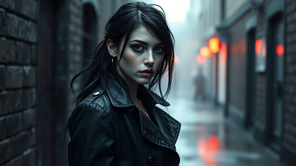 Goth Heroine in Rainy Alley Portrait