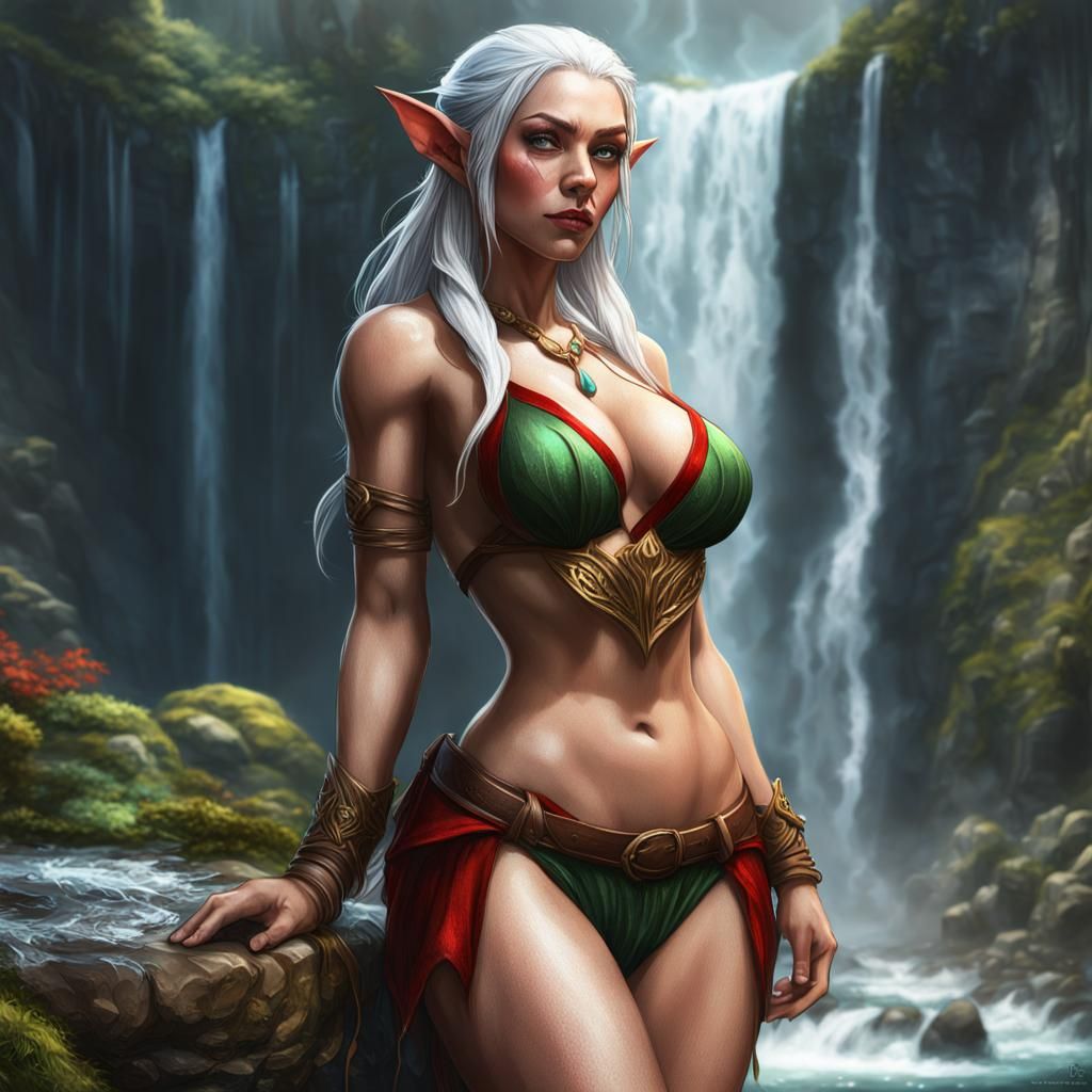 Fantasy Santa Elf Woman Portrait with Waterfall