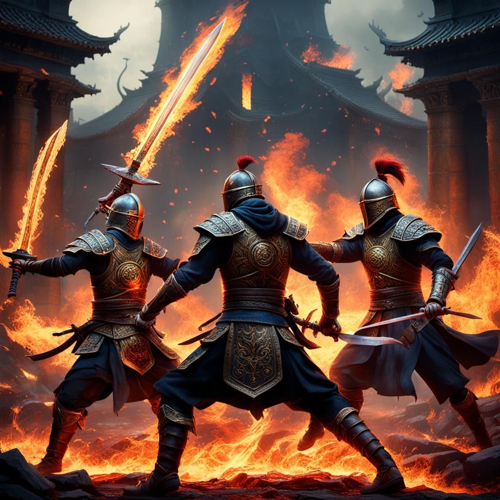 Epic Duel: Two Warriors Sword Fighting in Fire