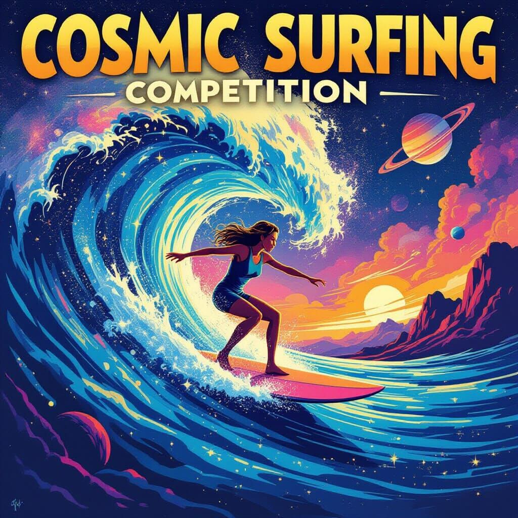 Cosmic Surfing Competition Poster with Nebula Wave