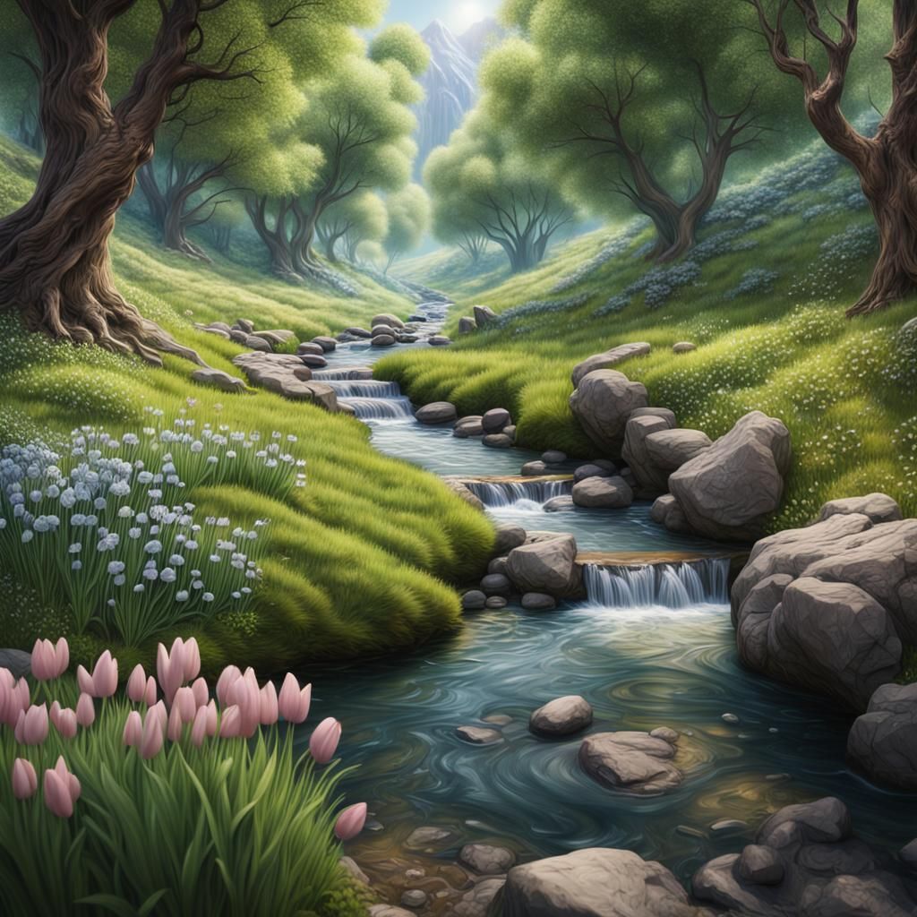Hyperrealistic Crystal Spring and Babbling Brook