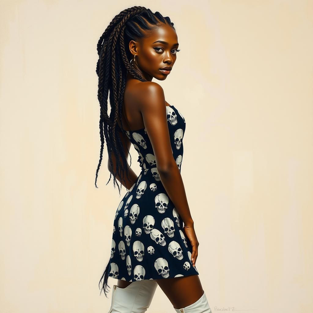 Ebony Woman in Skull Dress: Impressionist Oil Portrait