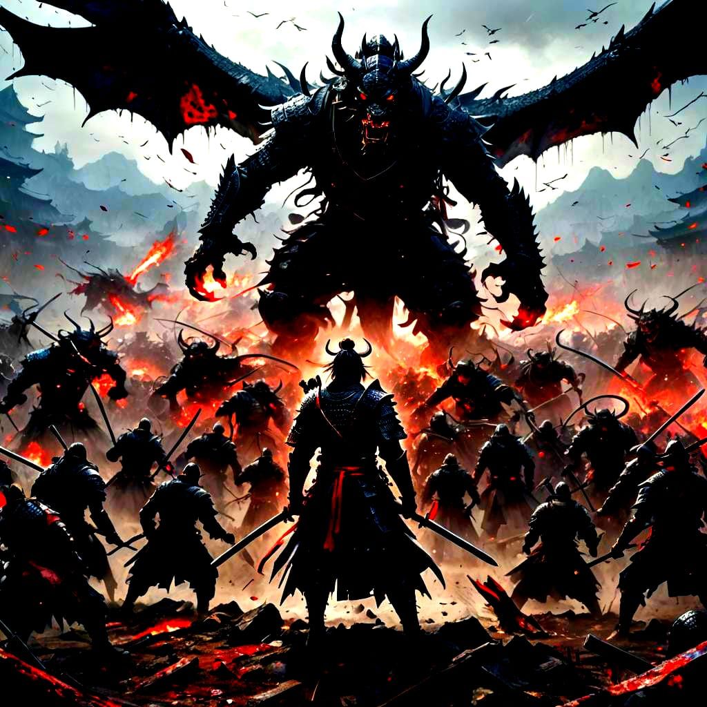 Samurai Dragon Battle in Dark Fantasy Style