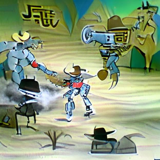 Cartoon Cowboy Versus Robot Battle