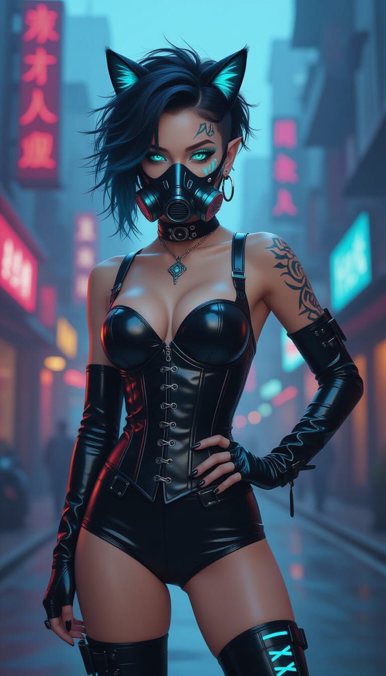 Cyberpunk Woman with Cyan Tattoos in Synthwave City