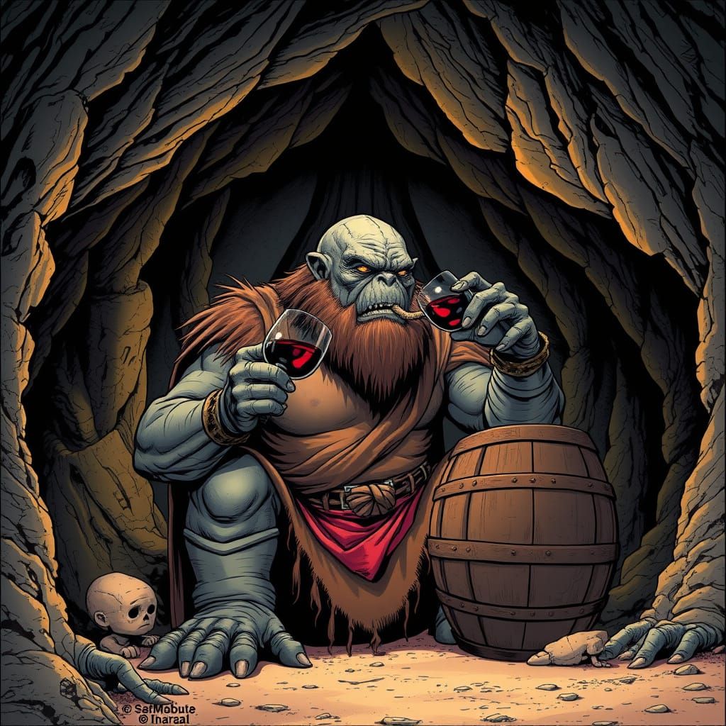 Giant Cyclops in Comics Style Drinks Wine within a Cave