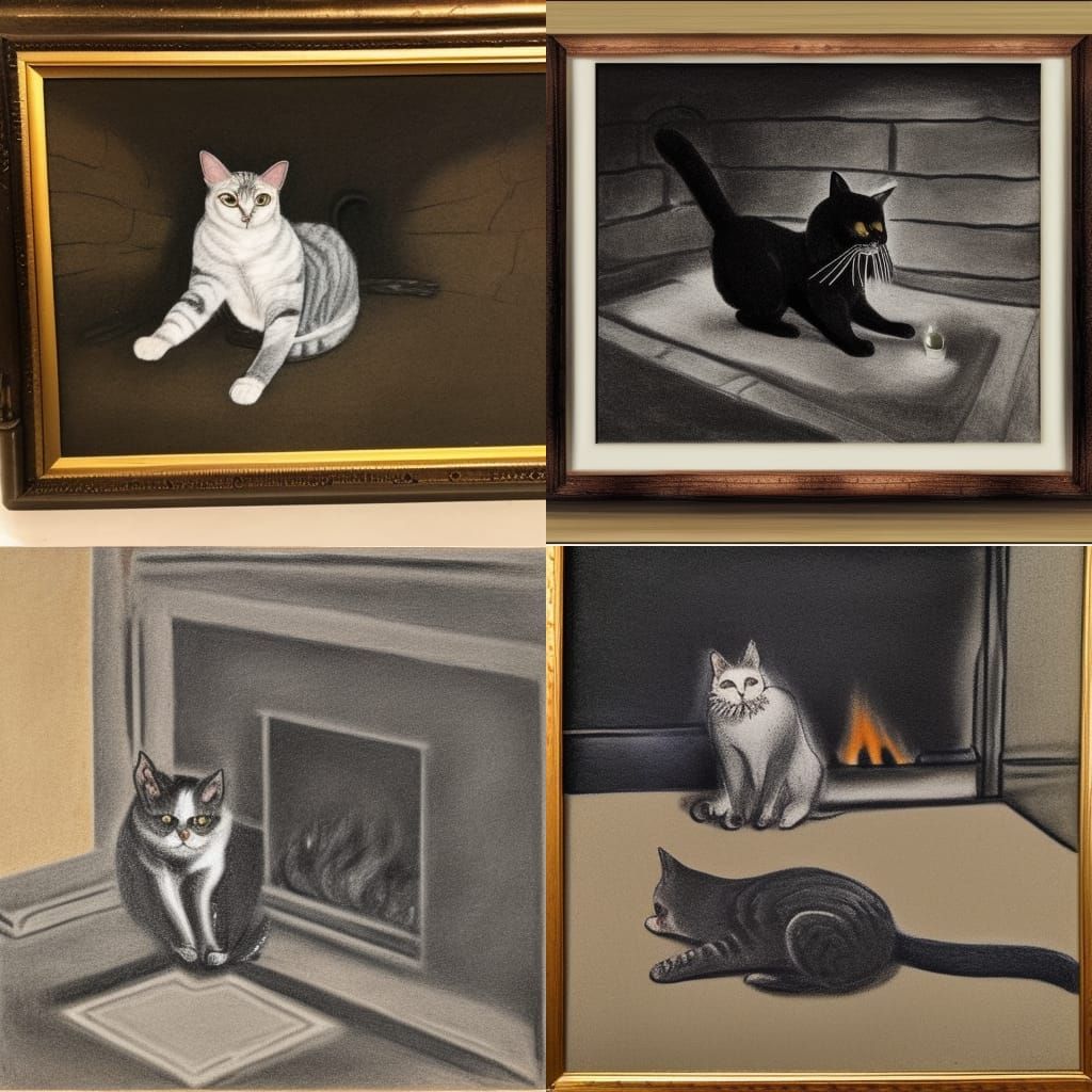 Victorian Cat by Fireplace: Charcoal Drawing