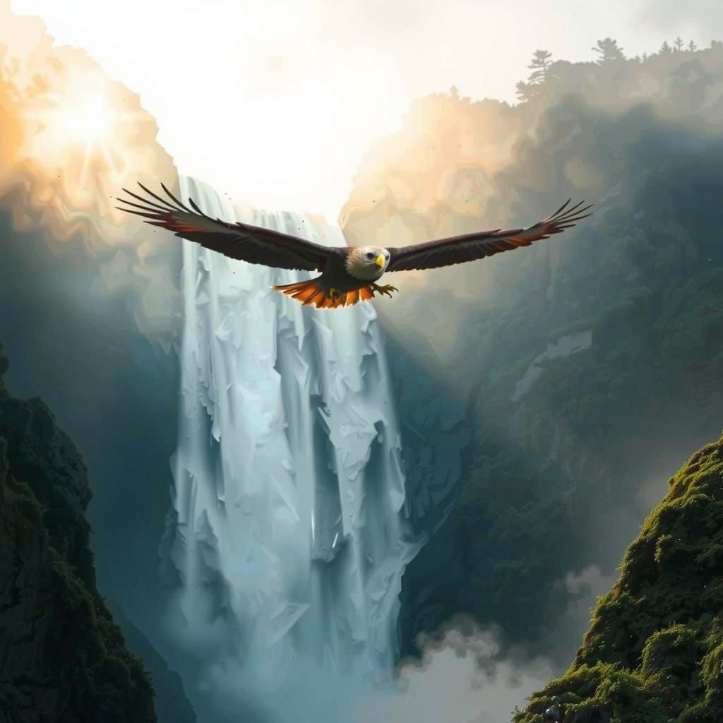 Regal Golden Eagle Soars Above Cascading Waterfall in Vibran...
