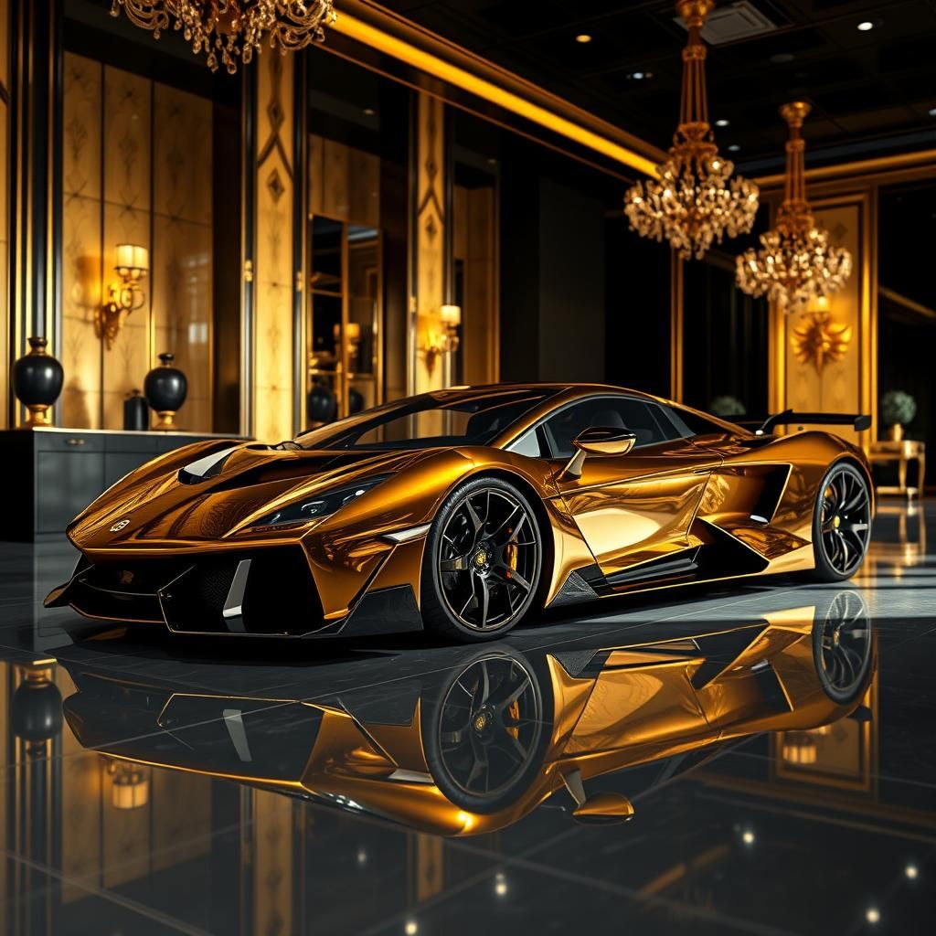 Luxury Supercar in Opulent Black and Gold Showroom