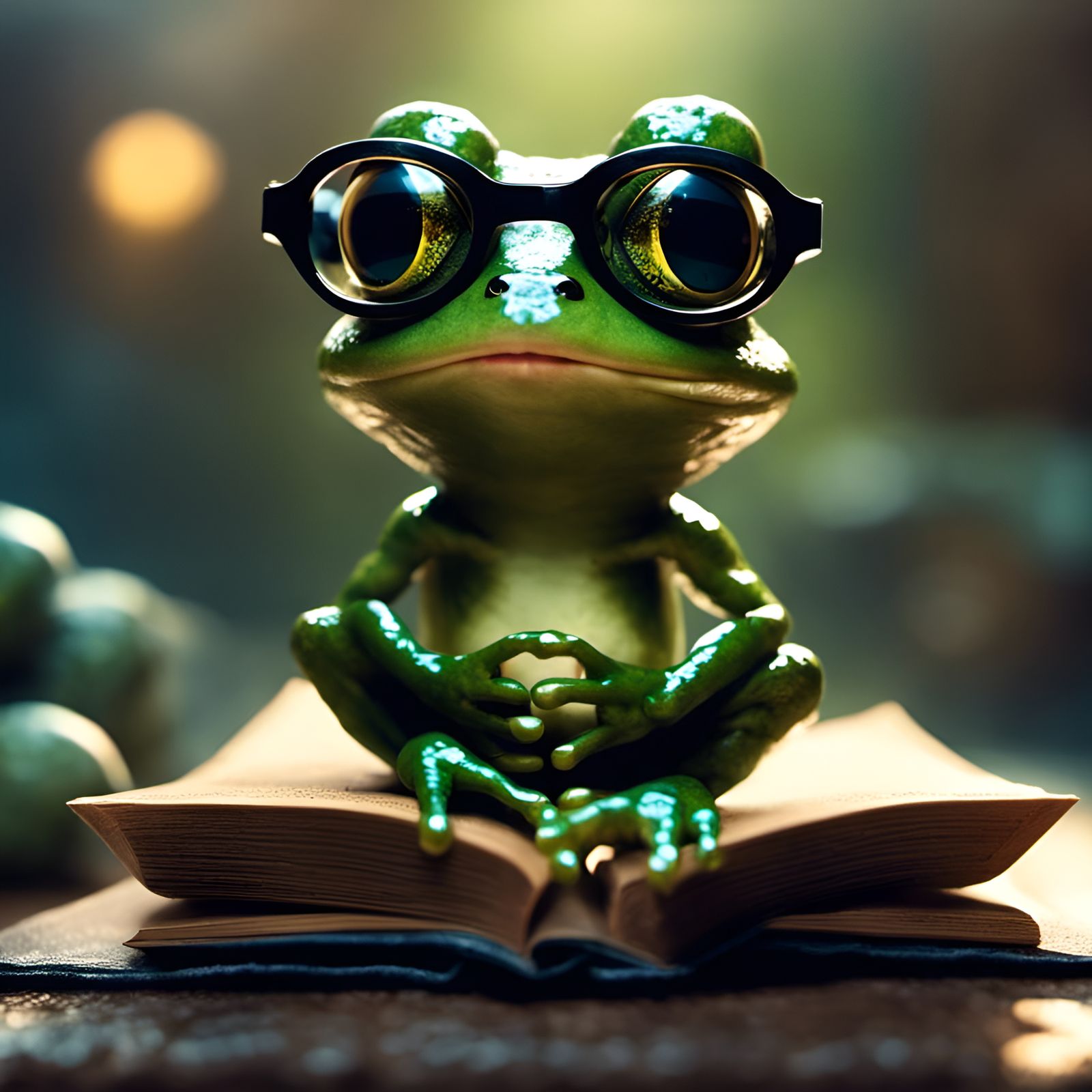 Chibi Frog Reader in Bright Dramatic Lighting