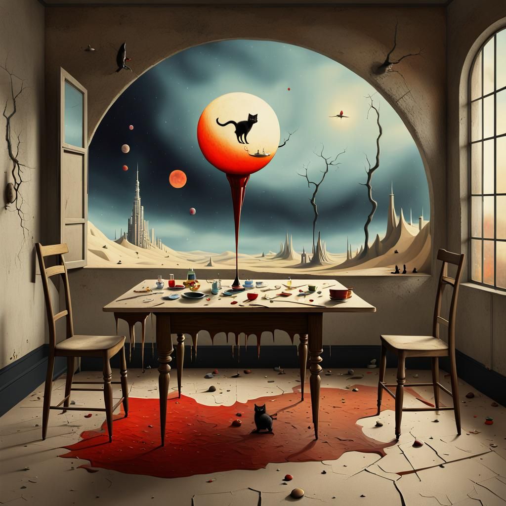 Generate a painting by Yves Tanguy, a table, a window, upsid...