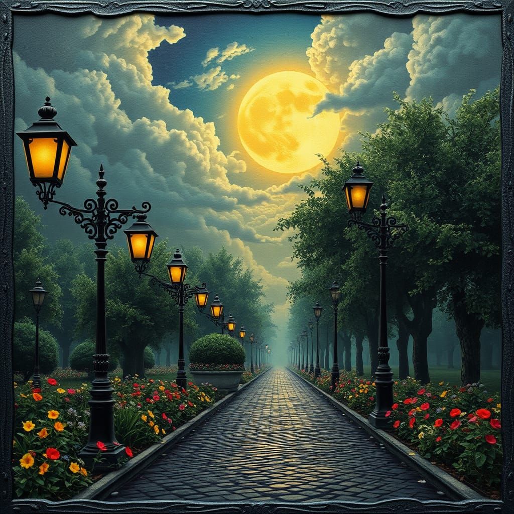 Art Nouveau Streetlamps in Moonlight: Textured Relief Painti...