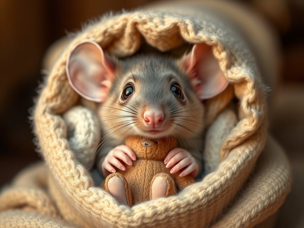 Cute rat with a teddy bear in its arms