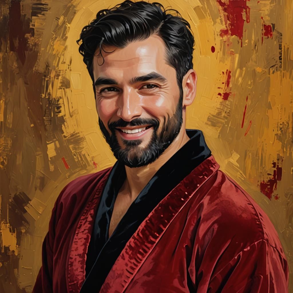 Handsome Bearded Man in Red Robe: Impressionist Digital Art
