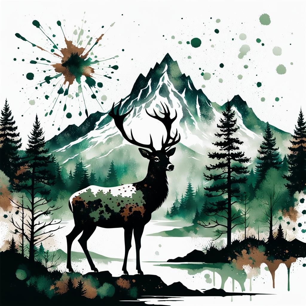 Echoes of the Wild: Ink Splatter Mountainscape with Deer