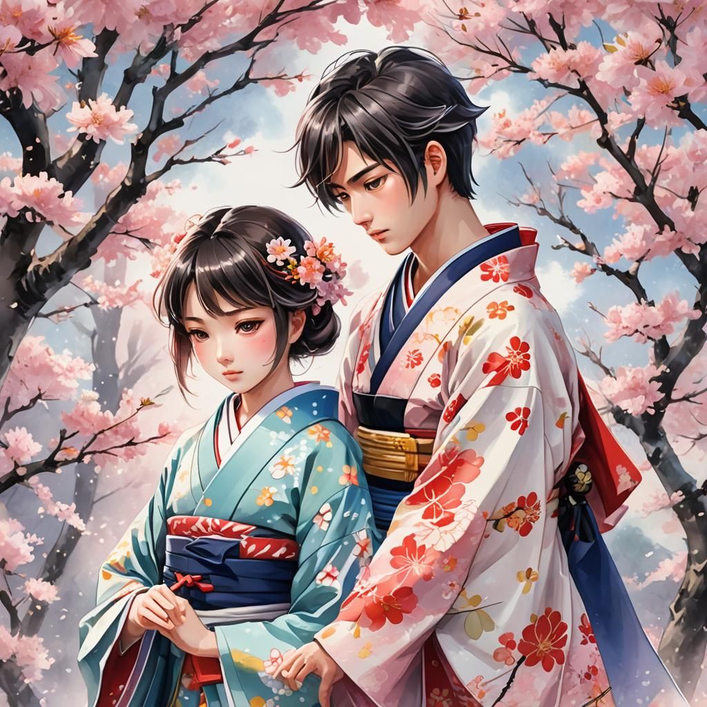 Boy and Girl in Kimono: Japanese Manga Art