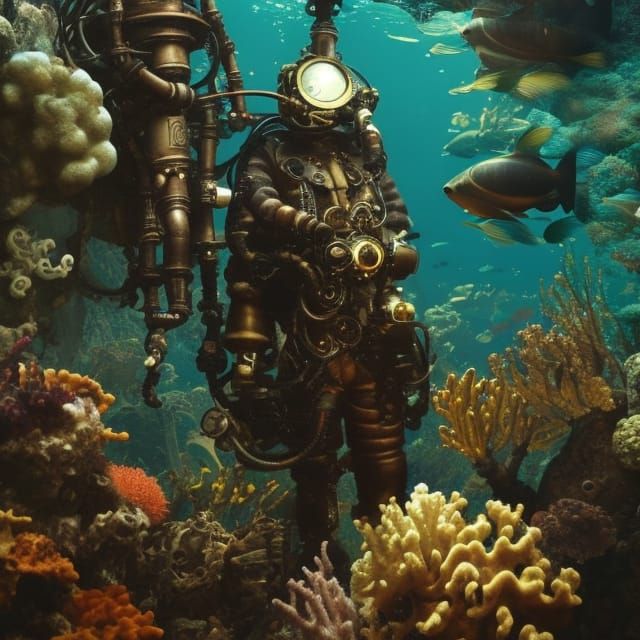 Steampunk Diver Explores Coral Reefs Underwater