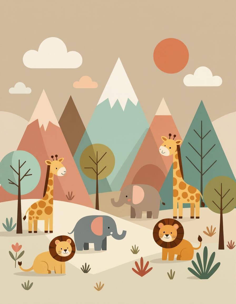 Gentle Geometric Safari Nursery Art in Pastel Colors