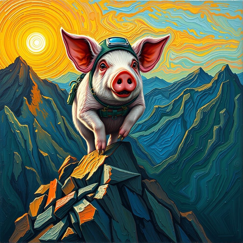 Pig Climbs Mountain in Van Gogh Style