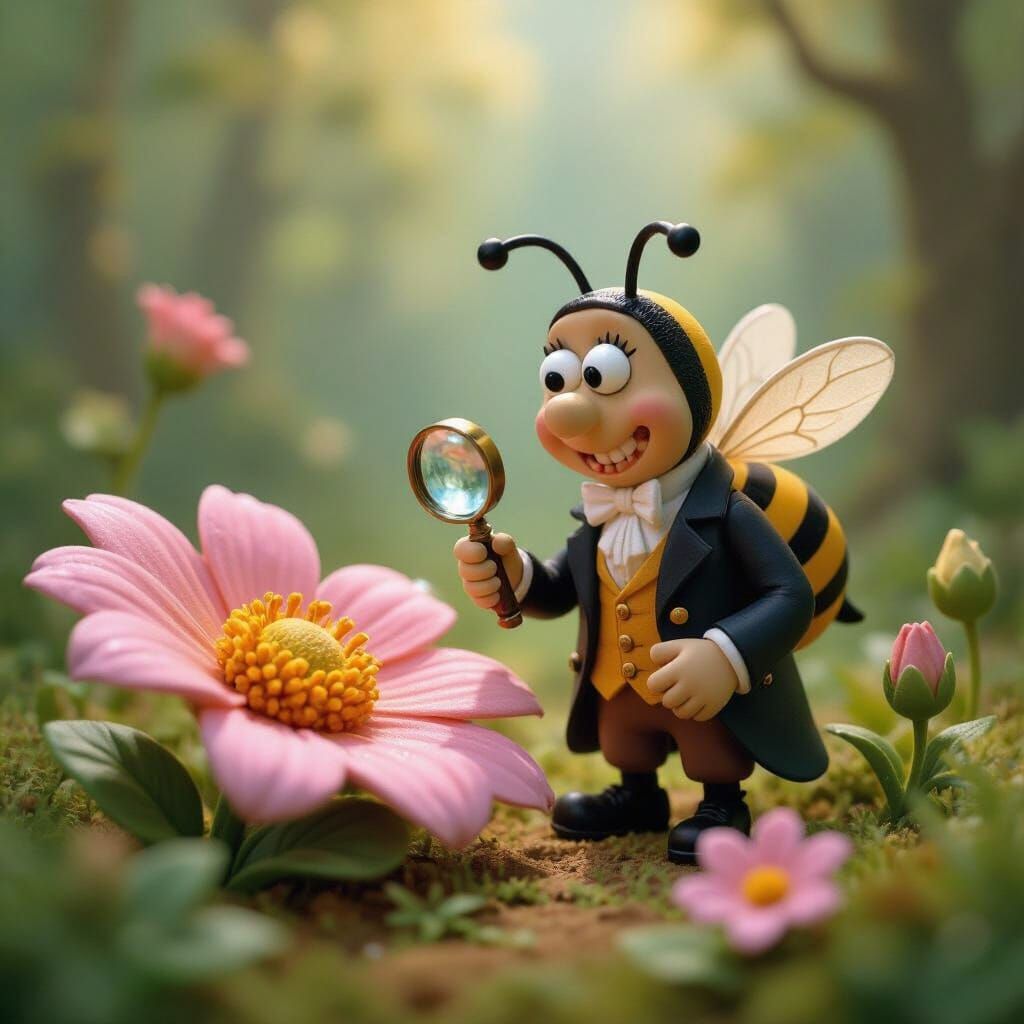 Victorian Bee Examining Dewdrop, Clay Sculpture Style