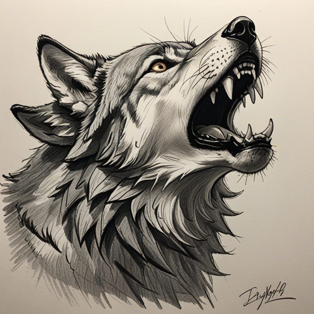 Howling Wolf Portrait with Gestural Pencil Strokes