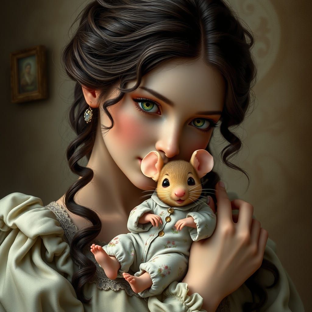 Elegant Irish Matron Cradles Whimsical Baby Mouse in Floral...
