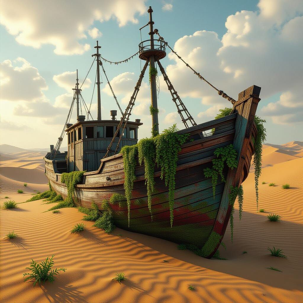 Moss-Covered Shipwreck in Desert Dunes as Splash Art