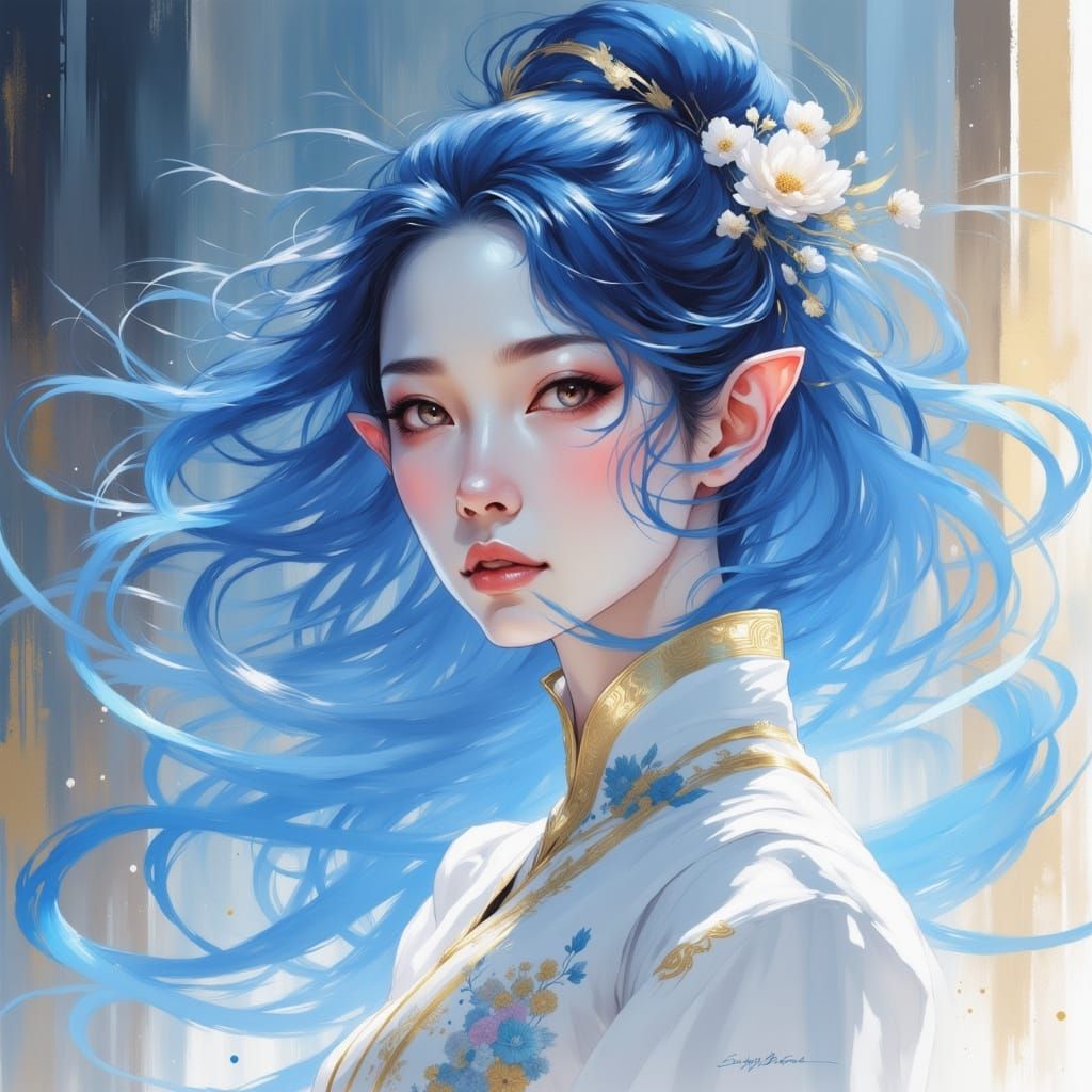 Ethereal Chinese Goddess in Night Blue Hair and White Dress