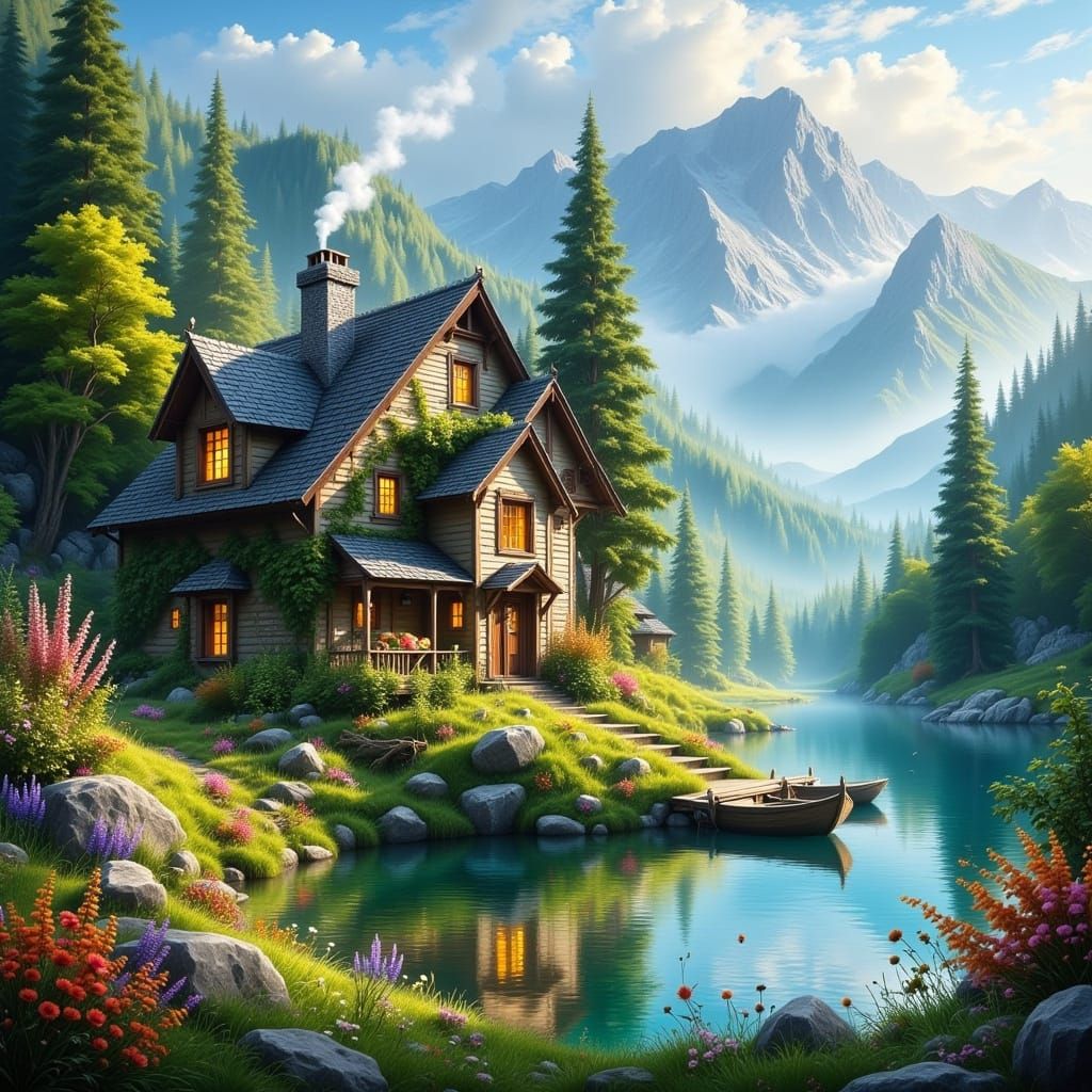 Serene Mountain Retreat in Vibrant Hyperreal Colors