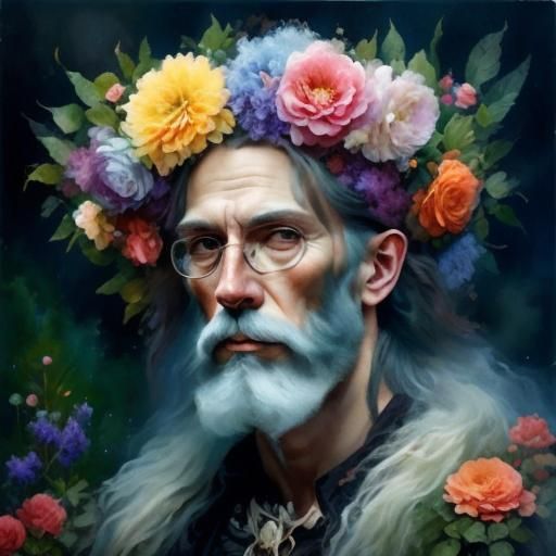 Fantasy Man with Floral Crown: Watercolor Oil Portrait