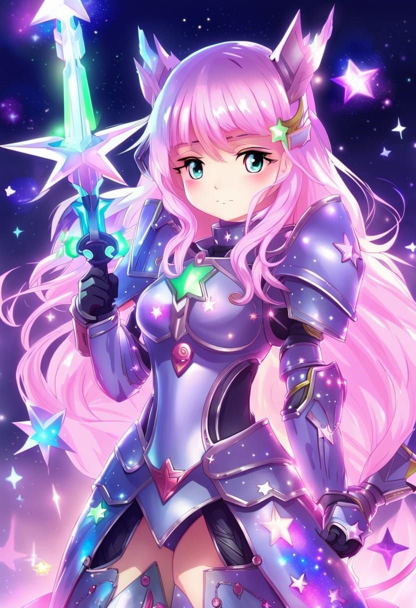 Anime Knight with Galaxy Armor and Starry Background