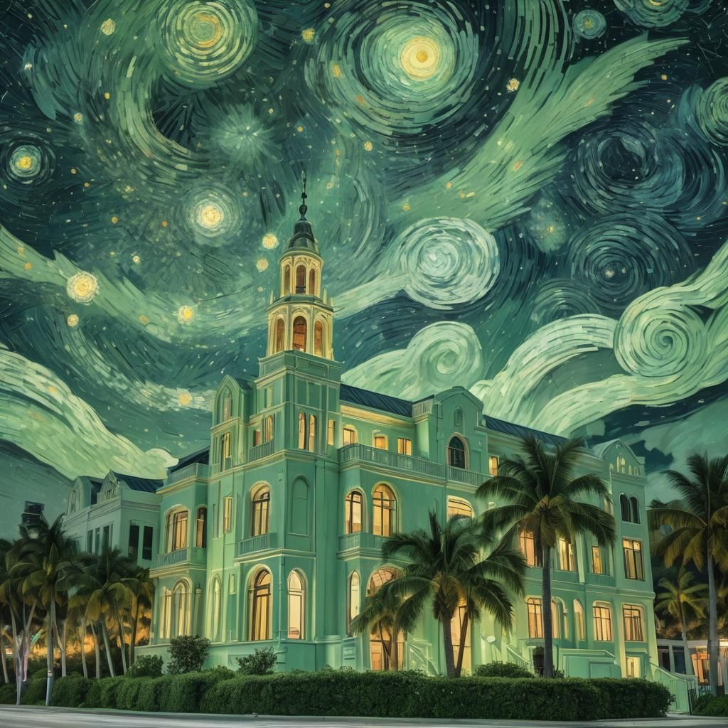 Starry Night Over Art Deco Miami: Van Gogh Style