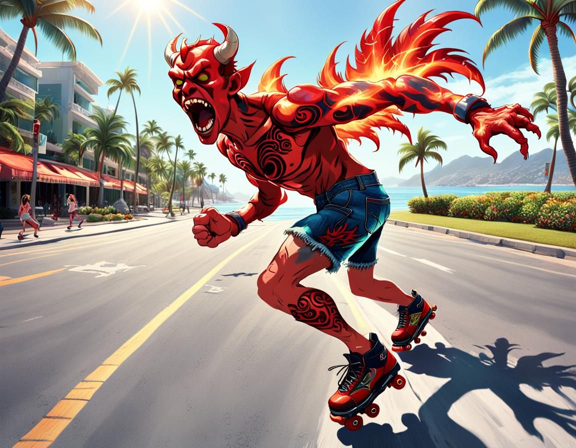 Surreal Red Devil Rollerblades Through Palm Tree-lined Beach...