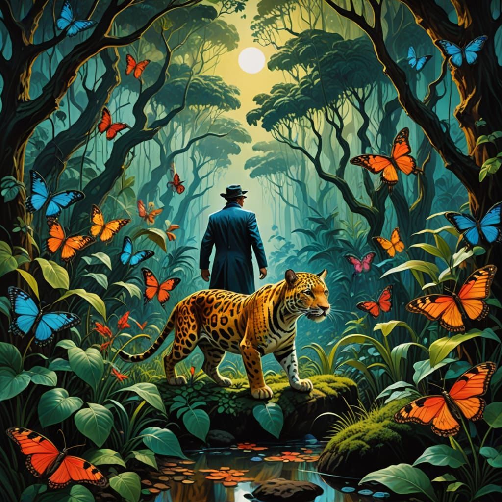 Surreal Jungle Explorer with Melting Plants and Jaguar