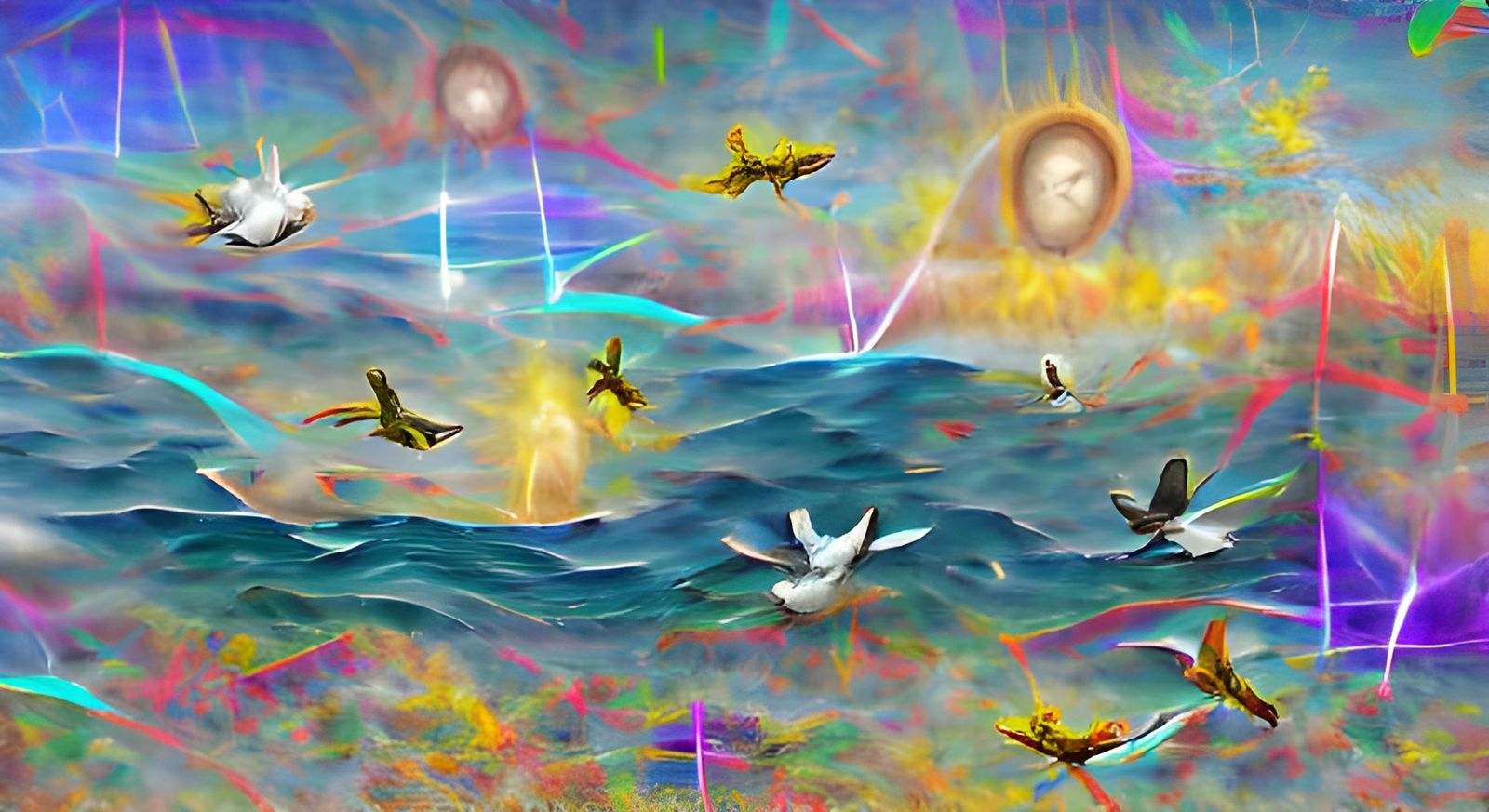 Birds Over the Sea: Astral Cosmic Illustration