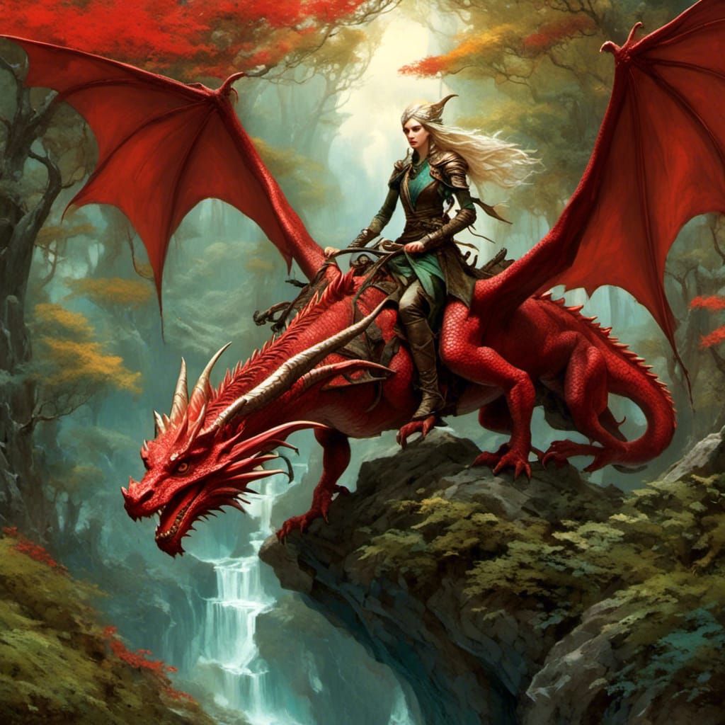 Elven Dragon Rider on Red Dragon Above Forest
