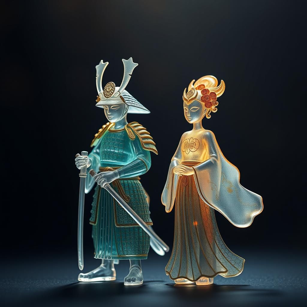 Ethereal Glass Samurai Figurines in Cubic Realism
