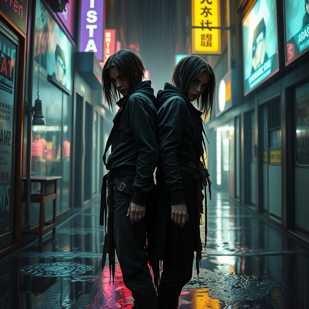 Mysterious Dystopian Twins in a Rain-Soaked Alleyway