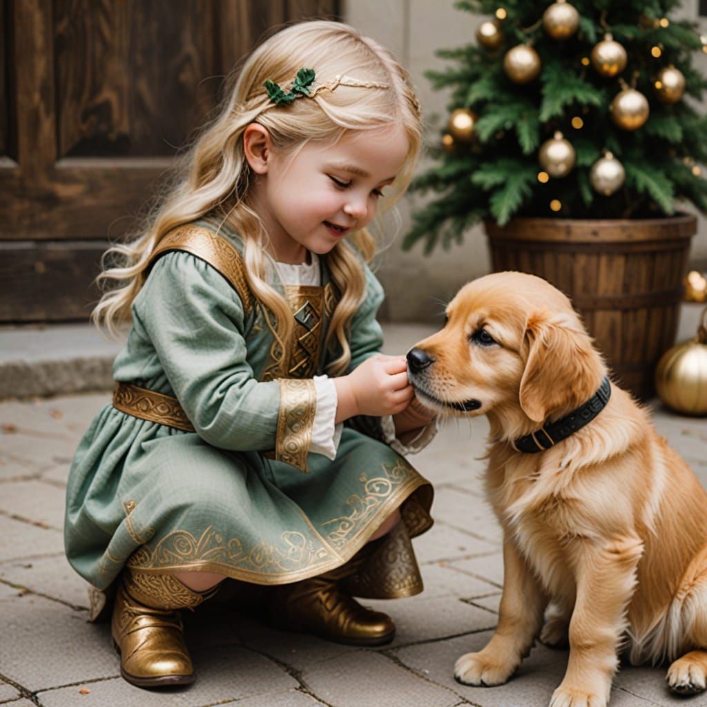 Little girl petting a golden retriever puppy