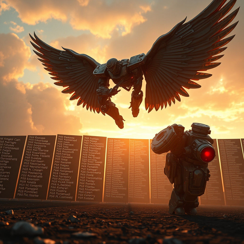 Mechanical Angel Descending in Futuristic Sci-Fi Style