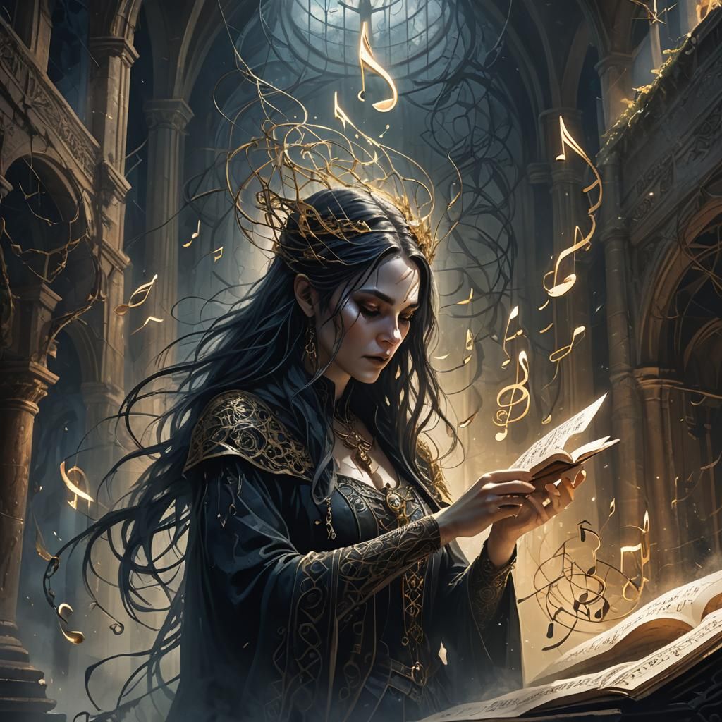 Gothic Sorceress Conducts Eerie Music: Dark Fantasy Art