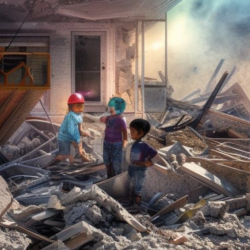 Child Searches Rubble in Hyperrealistic Splash Art