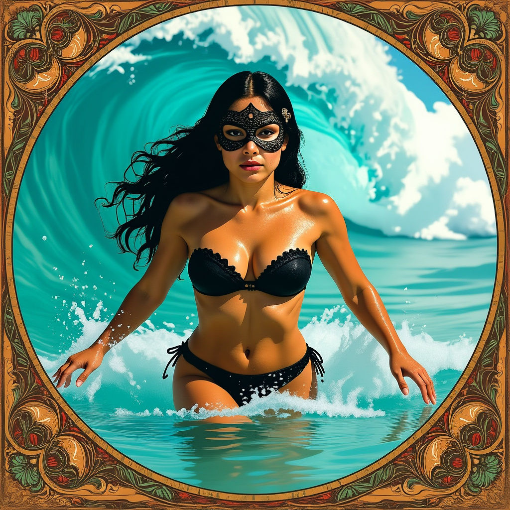 Latina Woman Running from Wave