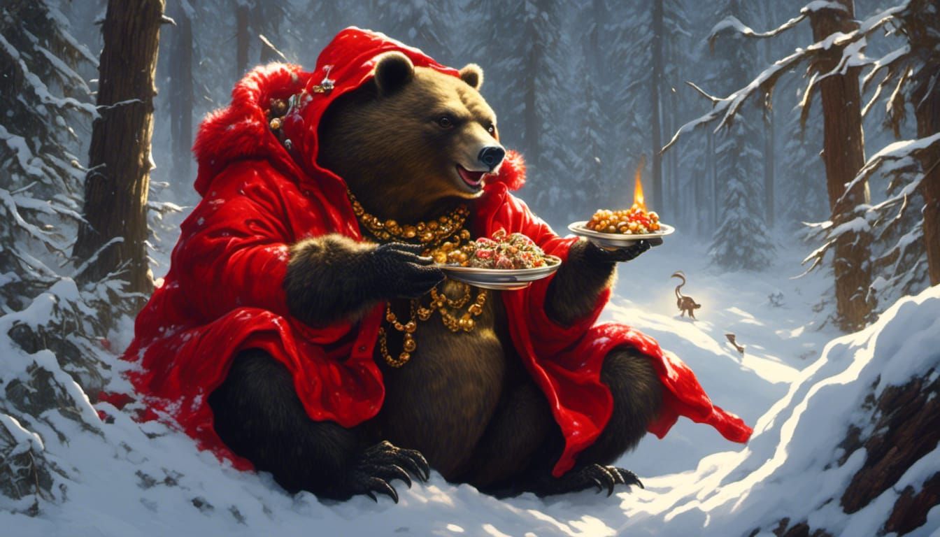 Bear in Winter Coat at Forest Christmas Feast